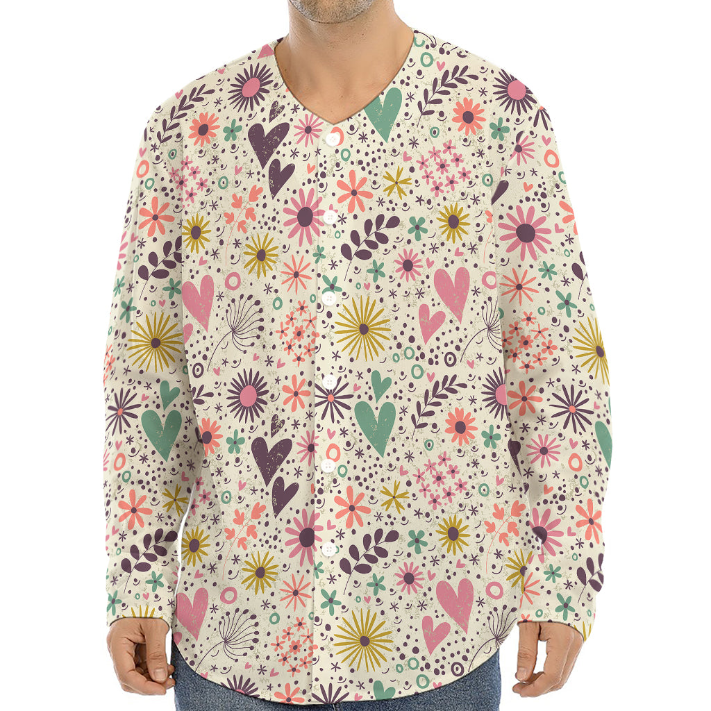 Girly Heart And Flower Pattern Print Long Sleeve Baseball Jersey