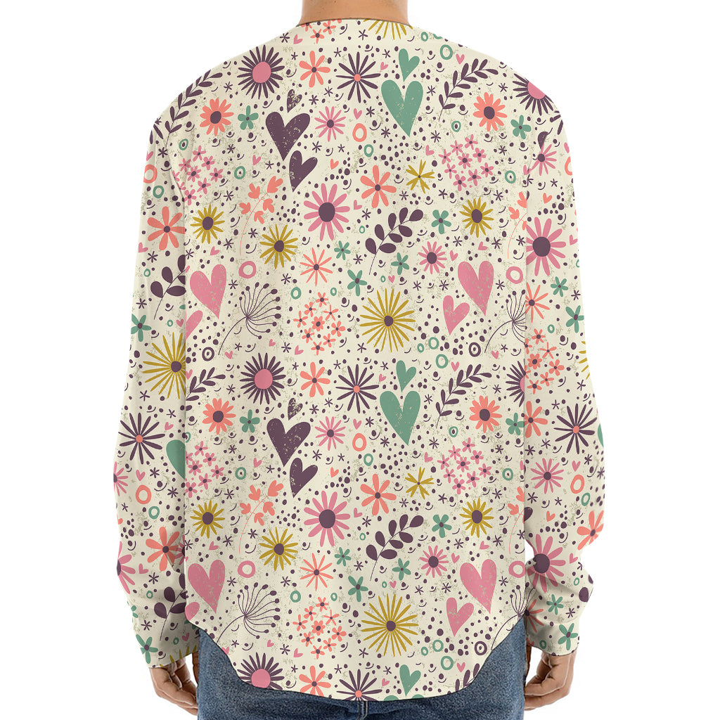 Girly Heart And Flower Pattern Print Long Sleeve Baseball Jersey