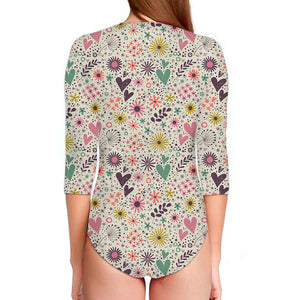 Girly Heart And Flower Pattern Print Long Sleeve Swimsuit