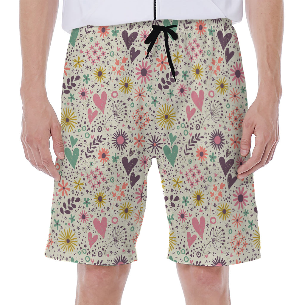 Girly Heart And Flower Pattern Print Men's Beach Shorts
