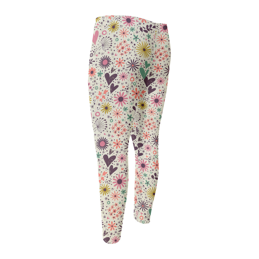 Girly Heart And Flower Pattern Print Men's Compression Pants