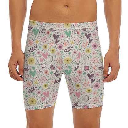 Girly Heart And Flower Pattern Print Men's Long Boxer Briefs
