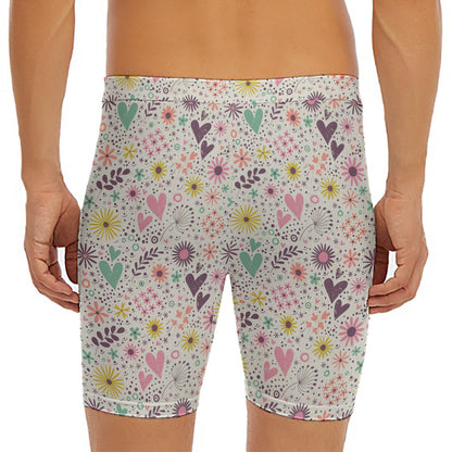 Girly Heart And Flower Pattern Print Men's Long Boxer Briefs
