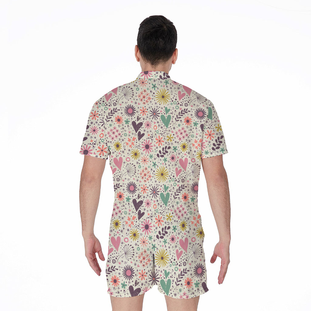 Girly Heart And Flower Pattern Print Men's Rompers