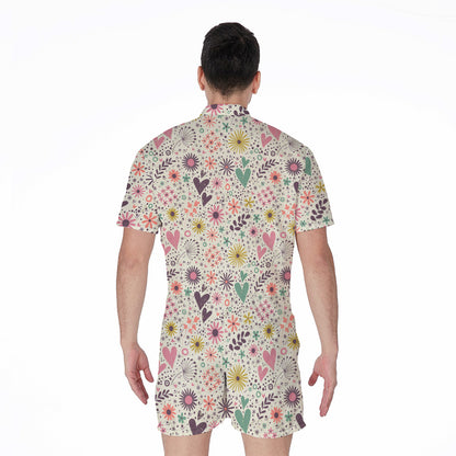 Girly Heart And Flower Pattern Print Men's Rompers