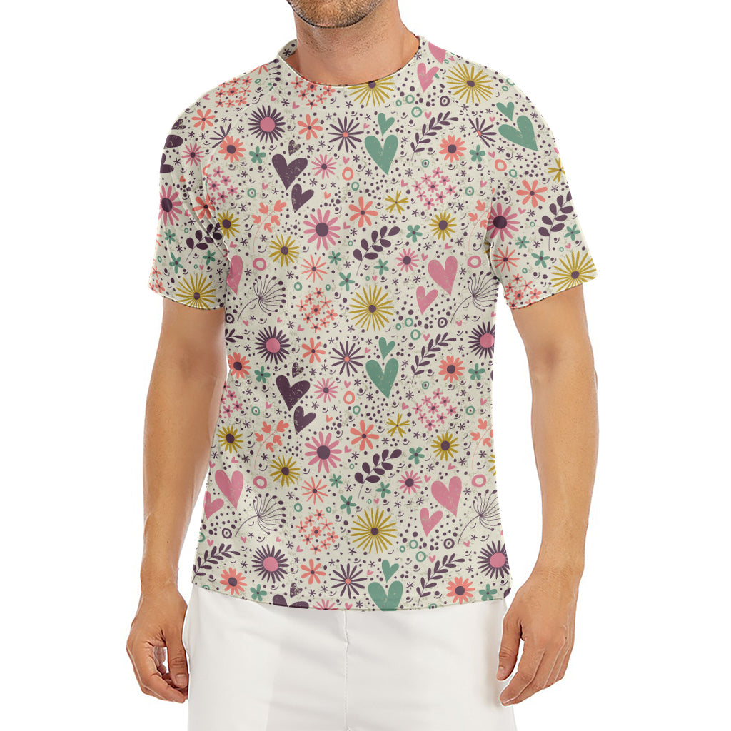 Girly Heart And Flower Pattern Print Men's Short Sleeve Rash Guard