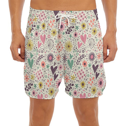 Girly Heart And Flower Pattern Print Men's Split Running Shorts