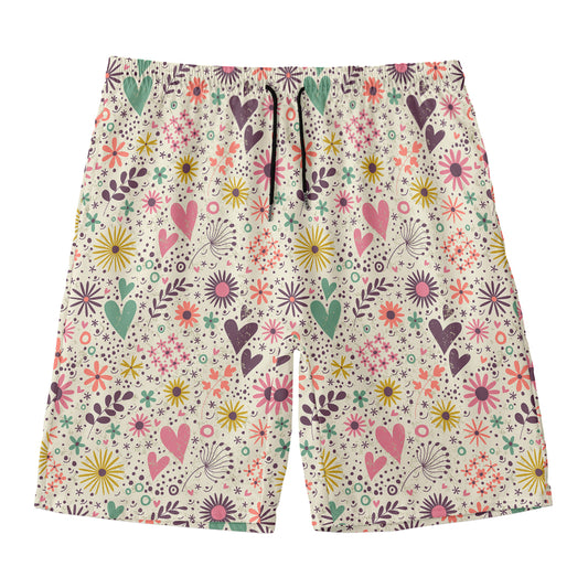 Girly Heart And Flower Pattern Print Men's Swim Trunks