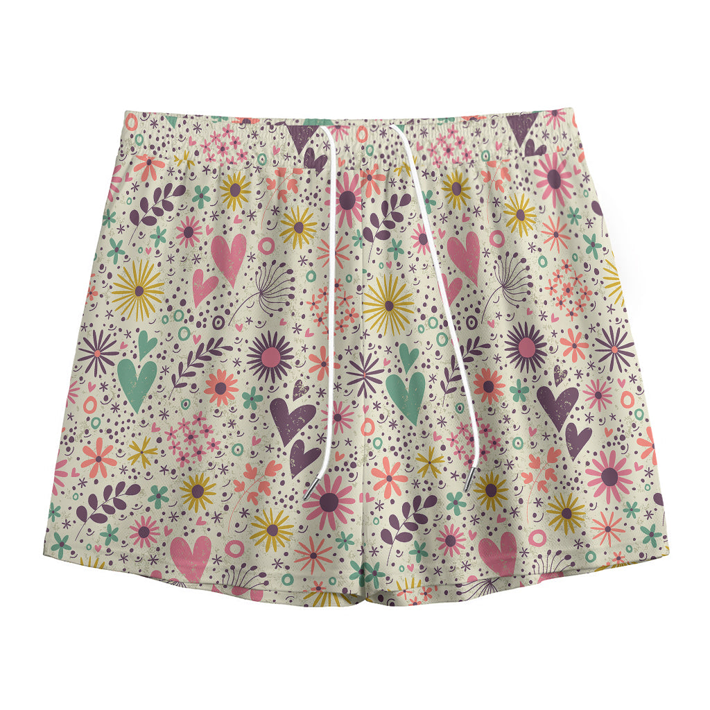 Girly Heart And Flower Pattern Print Mesh Shorts