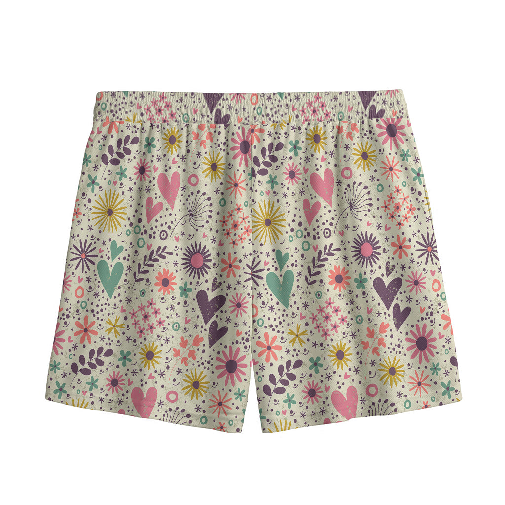Girly Heart And Flower Pattern Print Mesh Shorts