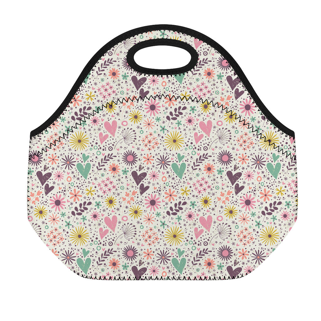 Girly Heart And Flower Pattern Print Neoprene Lunch Bag