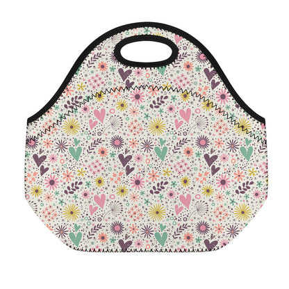 Girly Heart And Flower Pattern Print Neoprene Lunch Bag