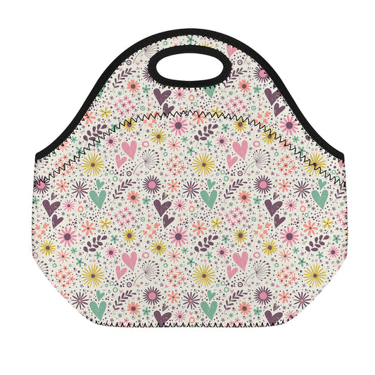 Girly Heart And Flower Pattern Print Neoprene Lunch Bag