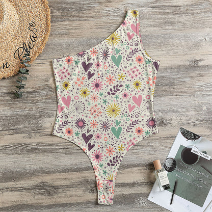 Girly Heart And Flower Pattern Print One Shoulder Bodysuit