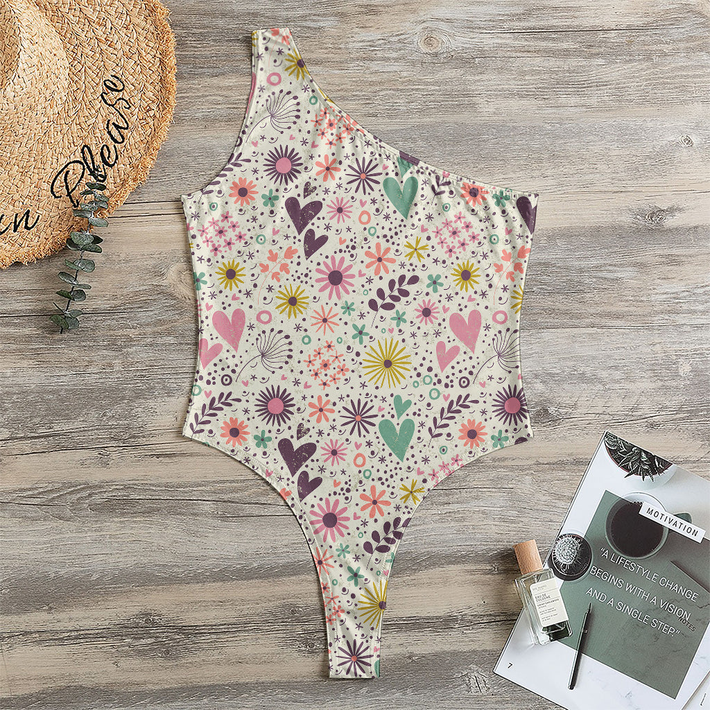 Girly Heart And Flower Pattern Print One Shoulder Bodysuit