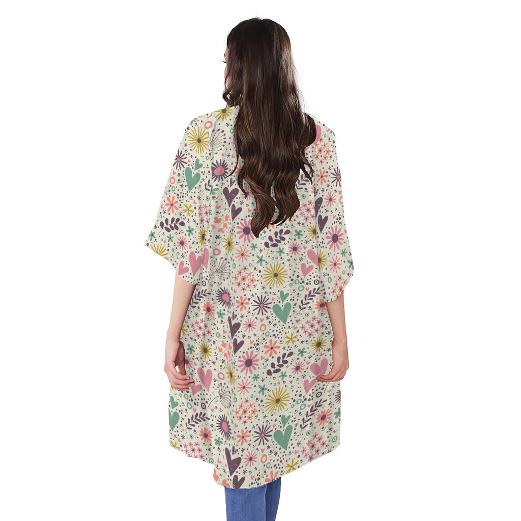 Girly Heart And Flower Pattern Print Open Front Beach Cover Up