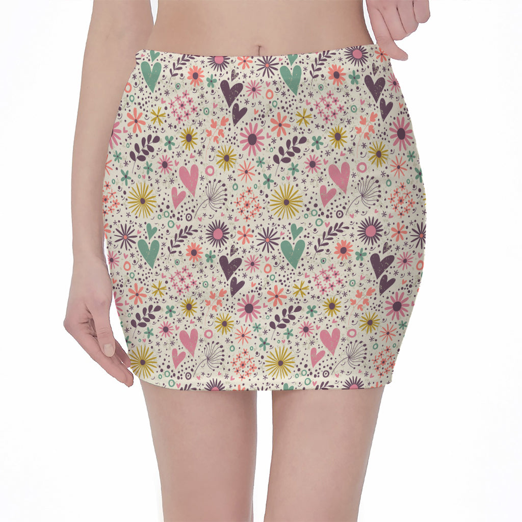 Girly Heart And Flower Pattern Print Pencil Mini Skirt