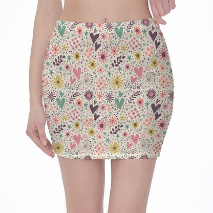 Girly Heart And Flower Pattern Print Pencil Mini Skirt