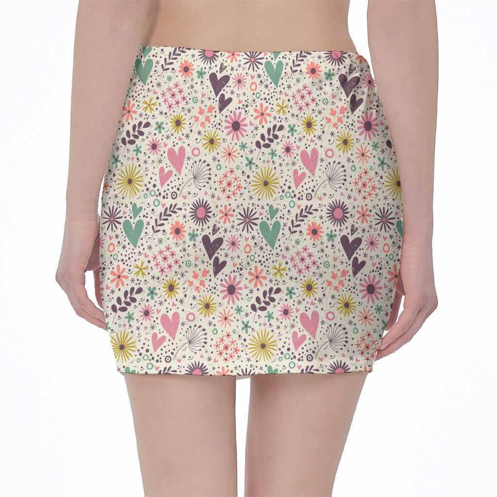 Girly Heart And Flower Pattern Print Pencil Mini Skirt
