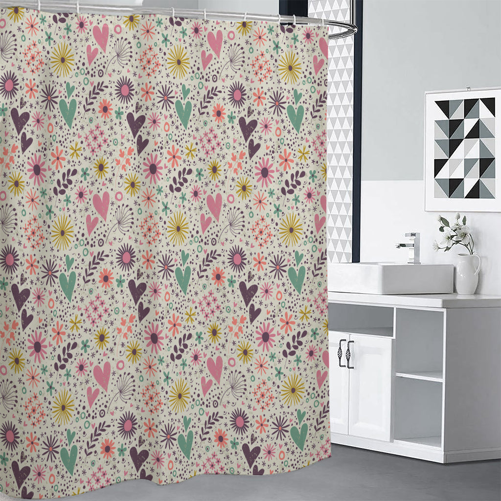 Girly Heart And Flower Pattern Print Premium Shower Curtain