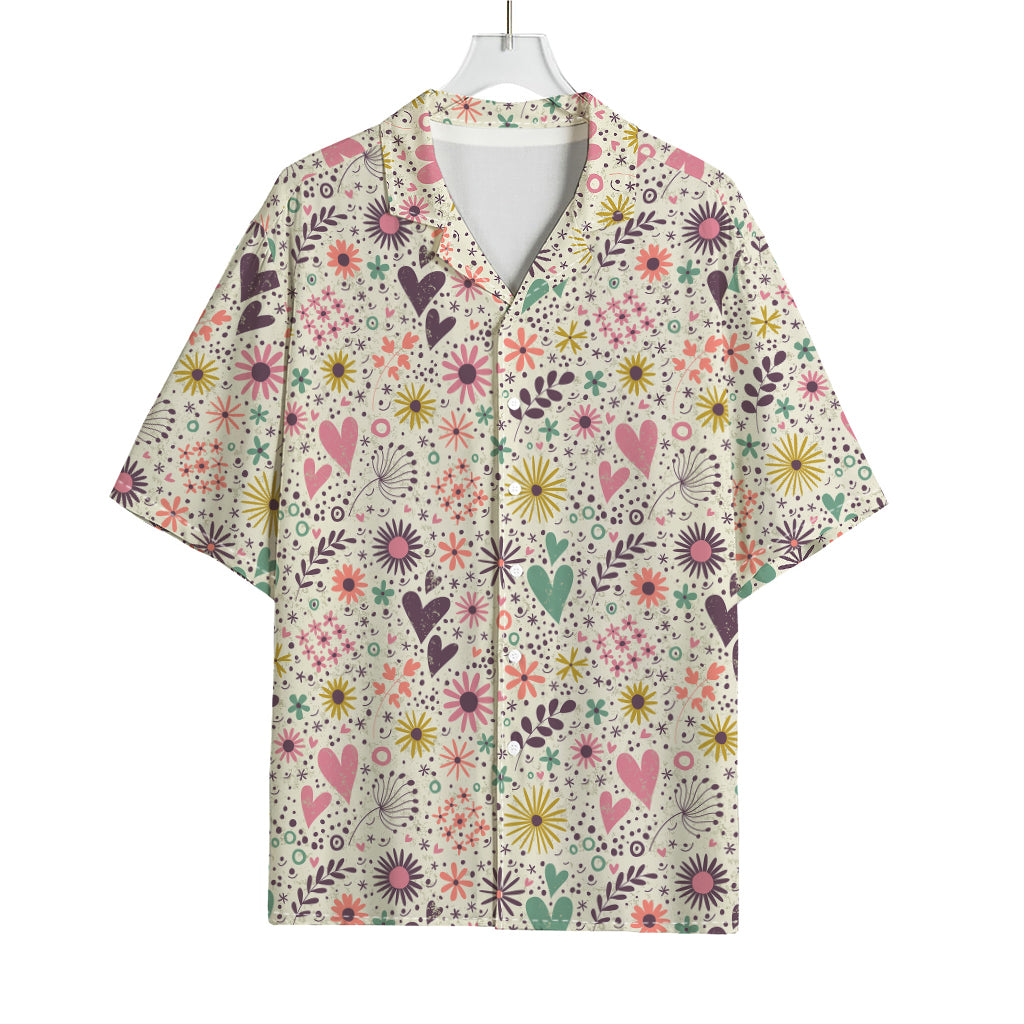 Girly Heart And Flower Pattern Print Rayon Hawaiian Shirt