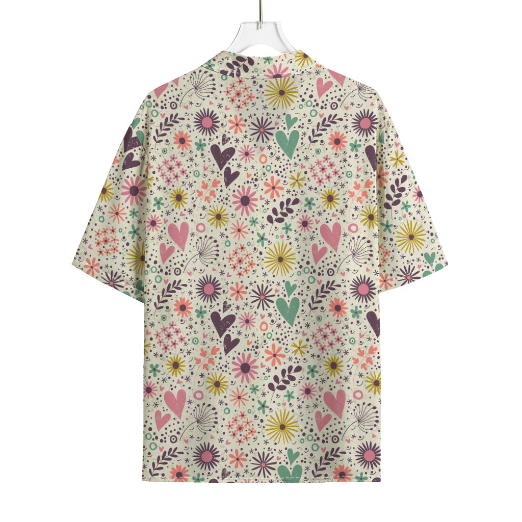 Girly Heart And Flower Pattern Print Rayon Hawaiian Shirt