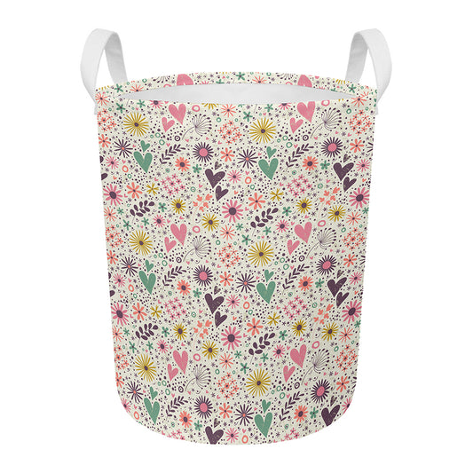 Girly Heart And Flower Pattern Print Round Laundry Basket