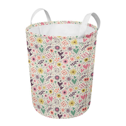Girly Heart And Flower Pattern Print Round Laundry Basket