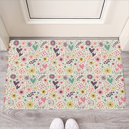 Girly Heart And Flower Pattern Print Rubber Doormat