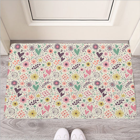 Girly Heart And Flower Pattern Print Rubber Doormat