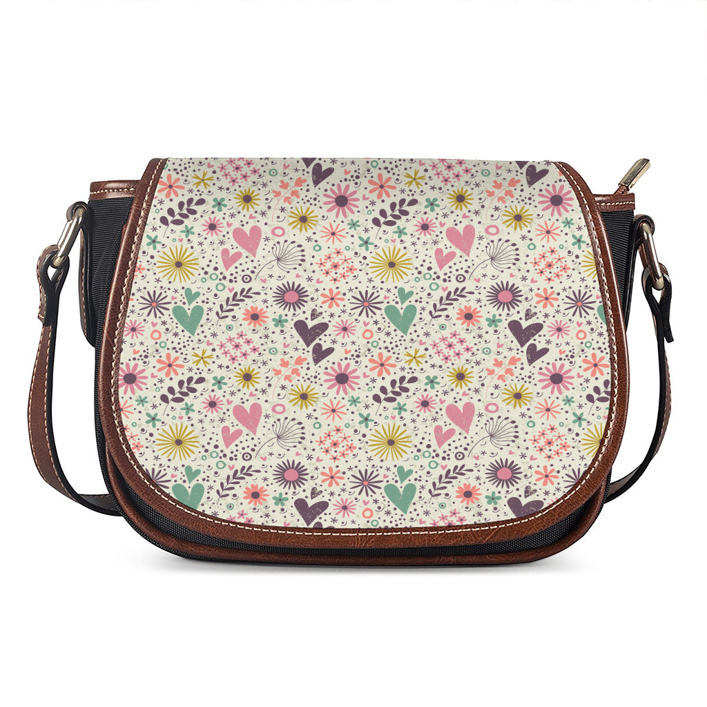 Girly Heart And Flower Pattern Print Saddle Bag