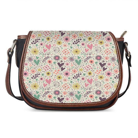 Girly Heart And Flower Pattern Print Saddle Bag