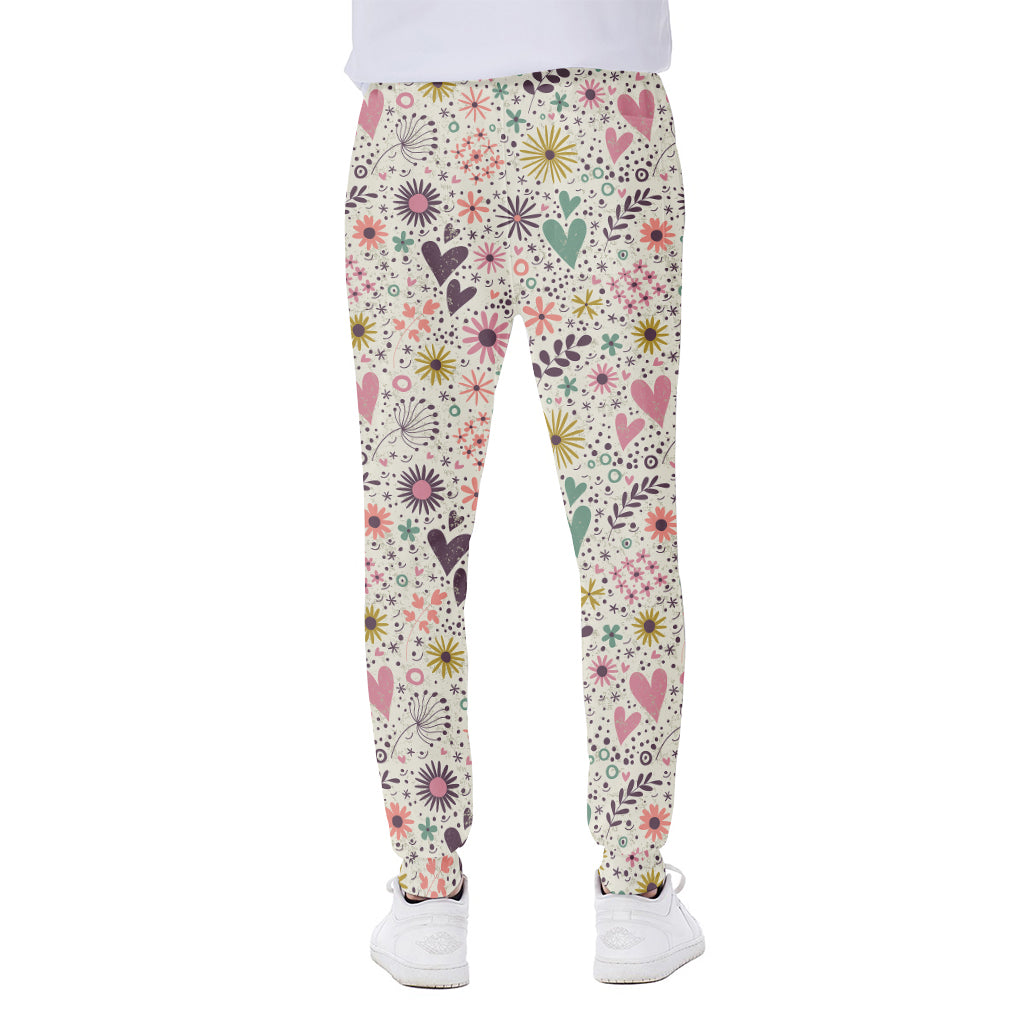 Girly Heart And Flower Pattern Print Scuba Joggers