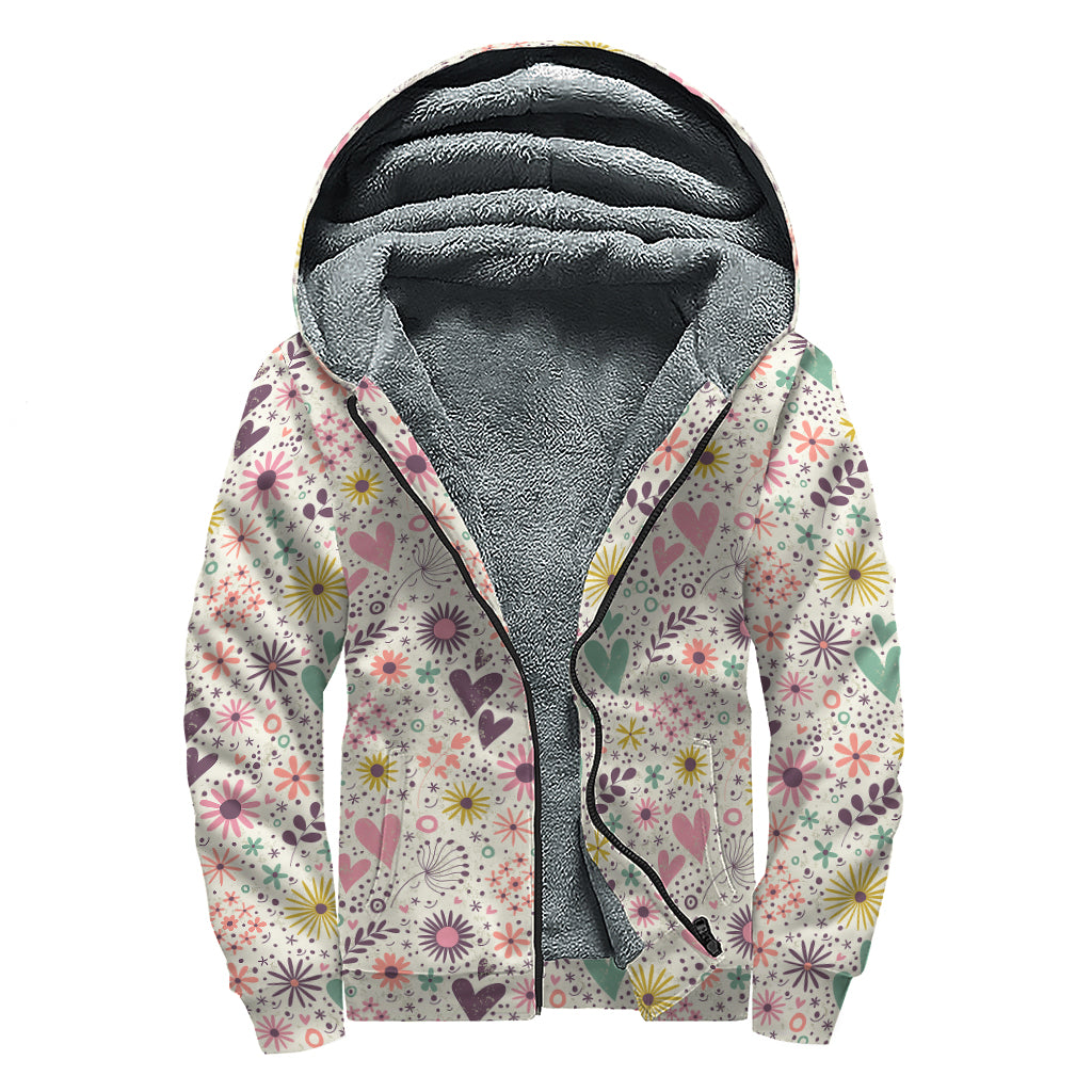 Girly Heart And Flower Pattern Print Sherpa Lined Zip Up Hoodie