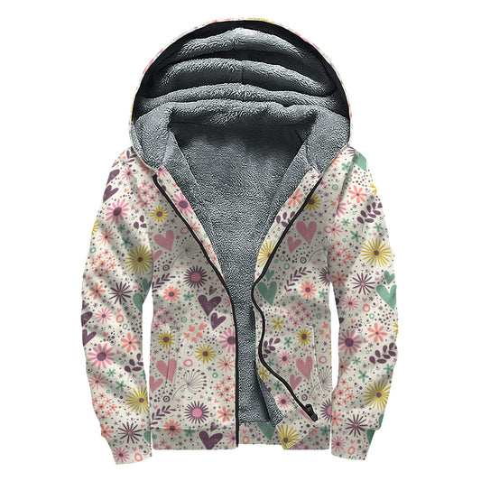 Girly Heart And Flower Pattern Print Sherpa Lined Zip Up Hoodie