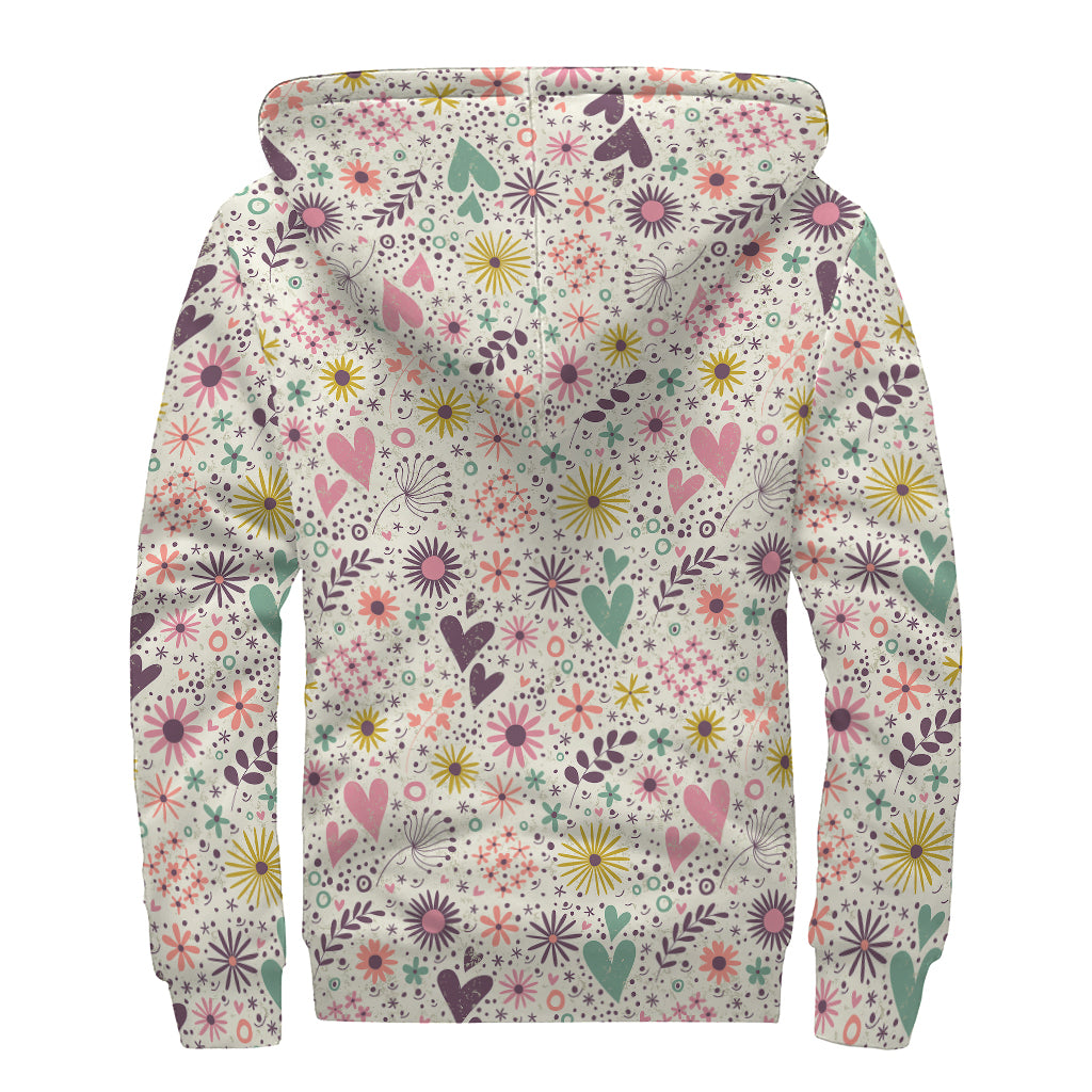 Girly Heart And Flower Pattern Print Sherpa Lined Zip Up Hoodie