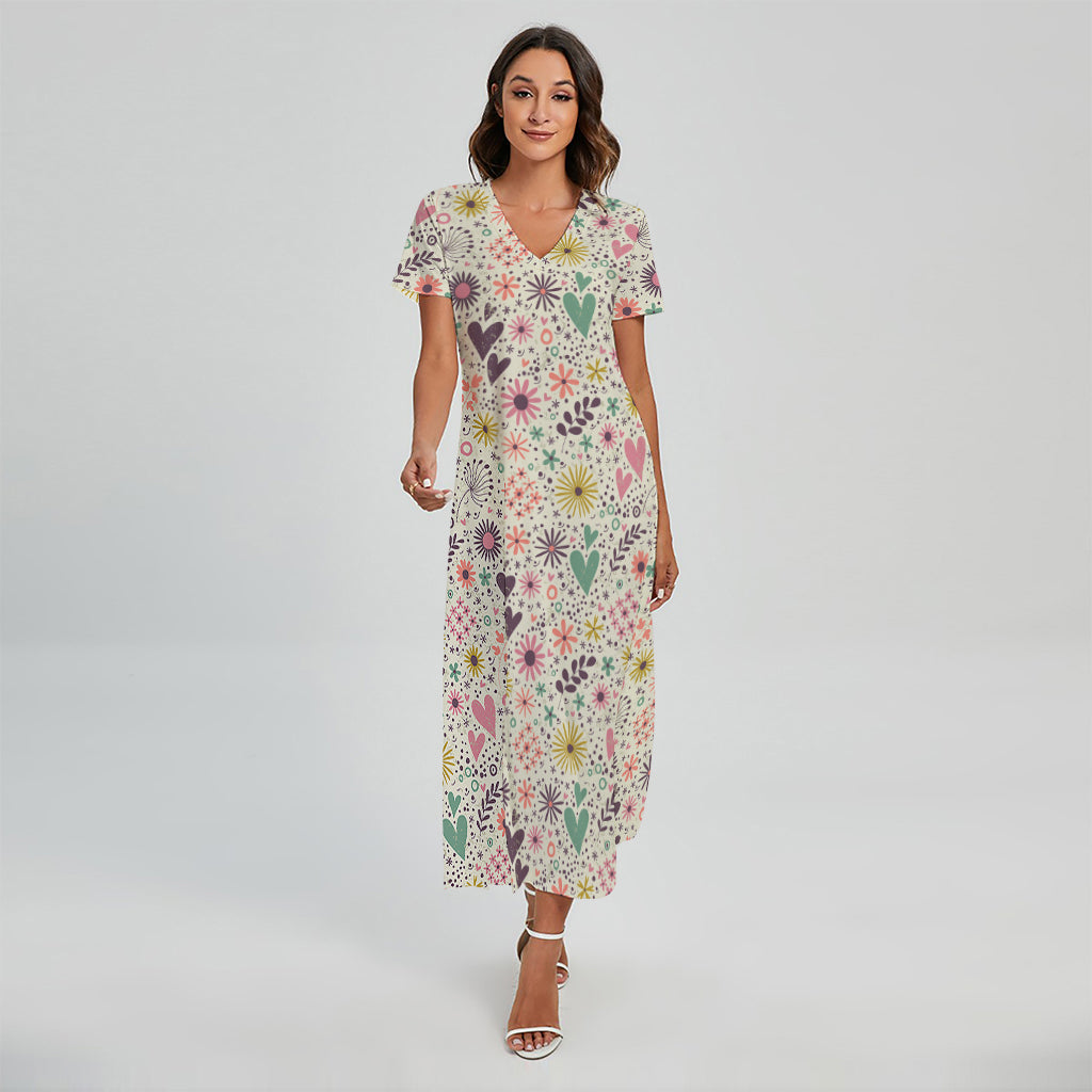 Girly Heart And Flower Pattern Print Short Sleeve Maxi Dress