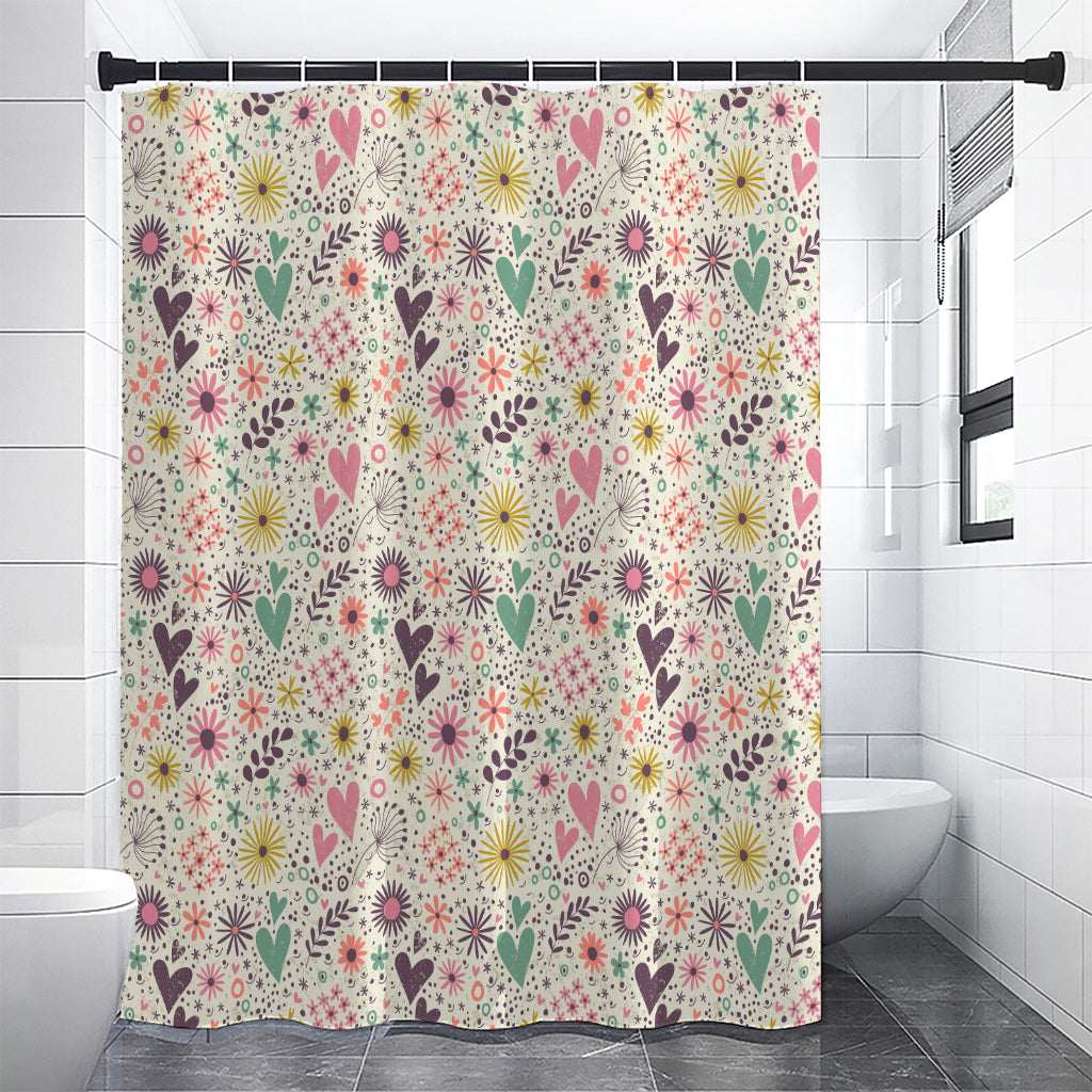 Girly Heart And Flower Pattern Print Shower Curtain