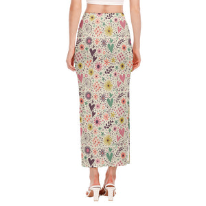 Girly Heart And Flower Pattern Print Side Slit Maxi Skirt