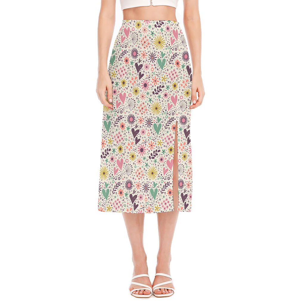 Girly Heart And Flower Pattern Print Side Slit Midi Skirt