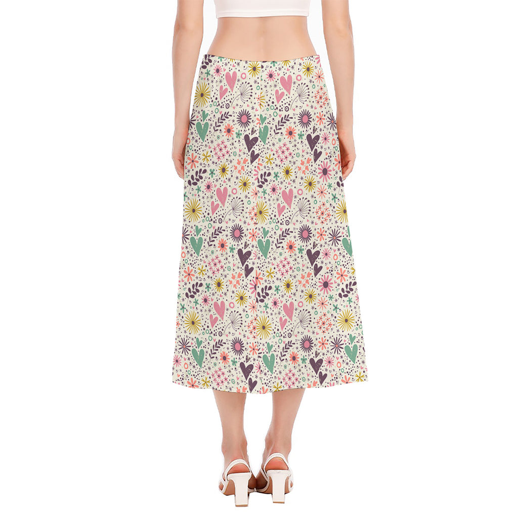 Girly Heart And Flower Pattern Print Side Slit Midi Skirt