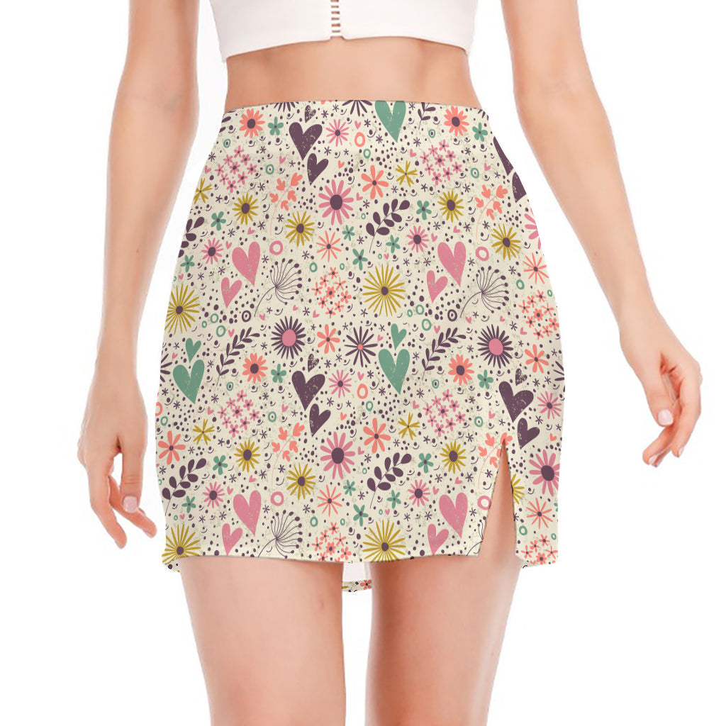 Girly Heart And Flower Pattern Print Side Slit Mini Skirt