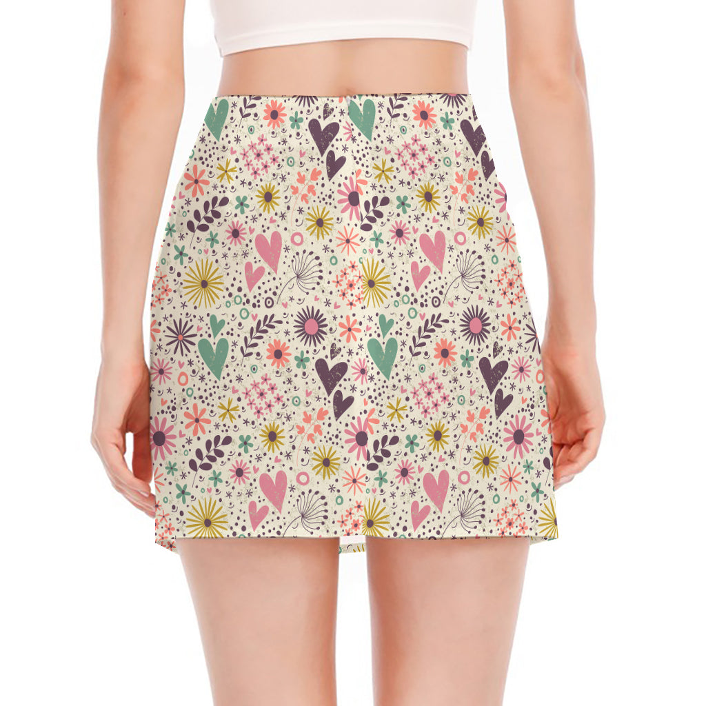 Girly Heart And Flower Pattern Print Side Slit Mini Skirt