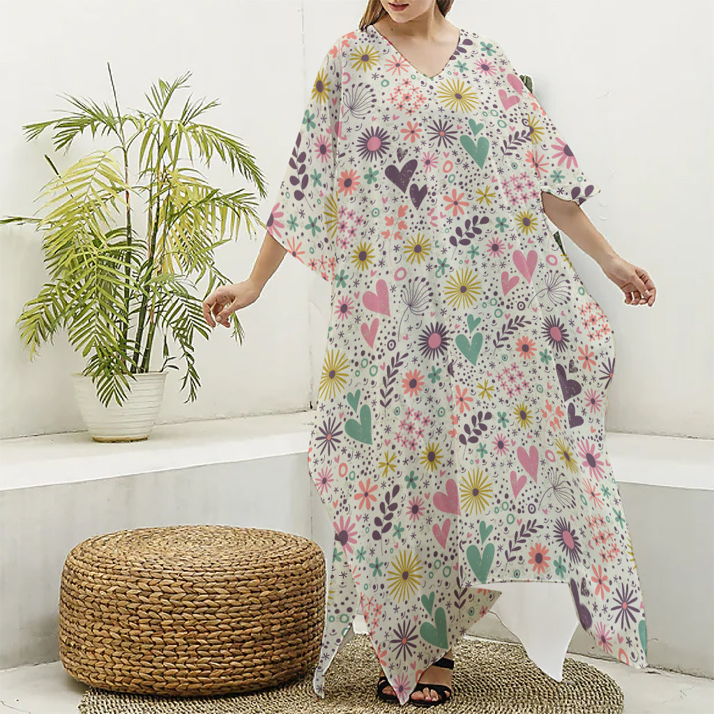 Girly Heart And Flower Pattern Print Silk V-Neck Kaftan Dress