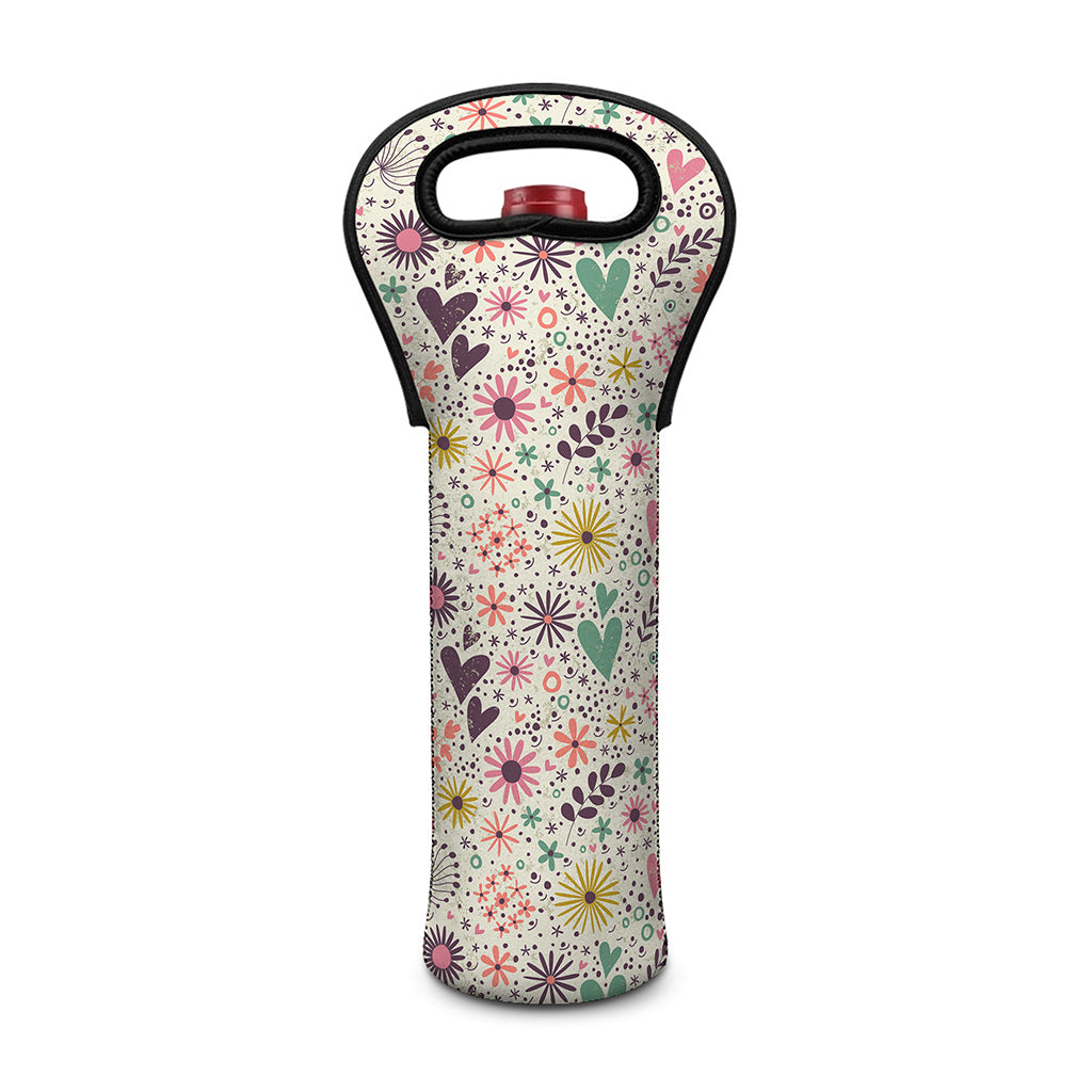 Girly Heart And Flower Pattern Print Single Neoprene Wine Tote