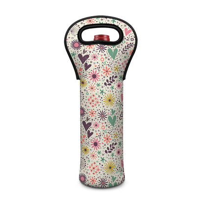 Girly Heart And Flower Pattern Print Single Neoprene Wine Tote