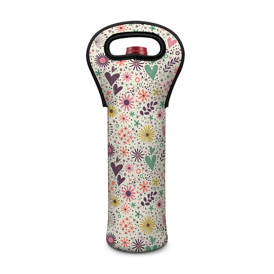 Girly Heart And Flower Pattern Print Single Neoprene Wine Tote