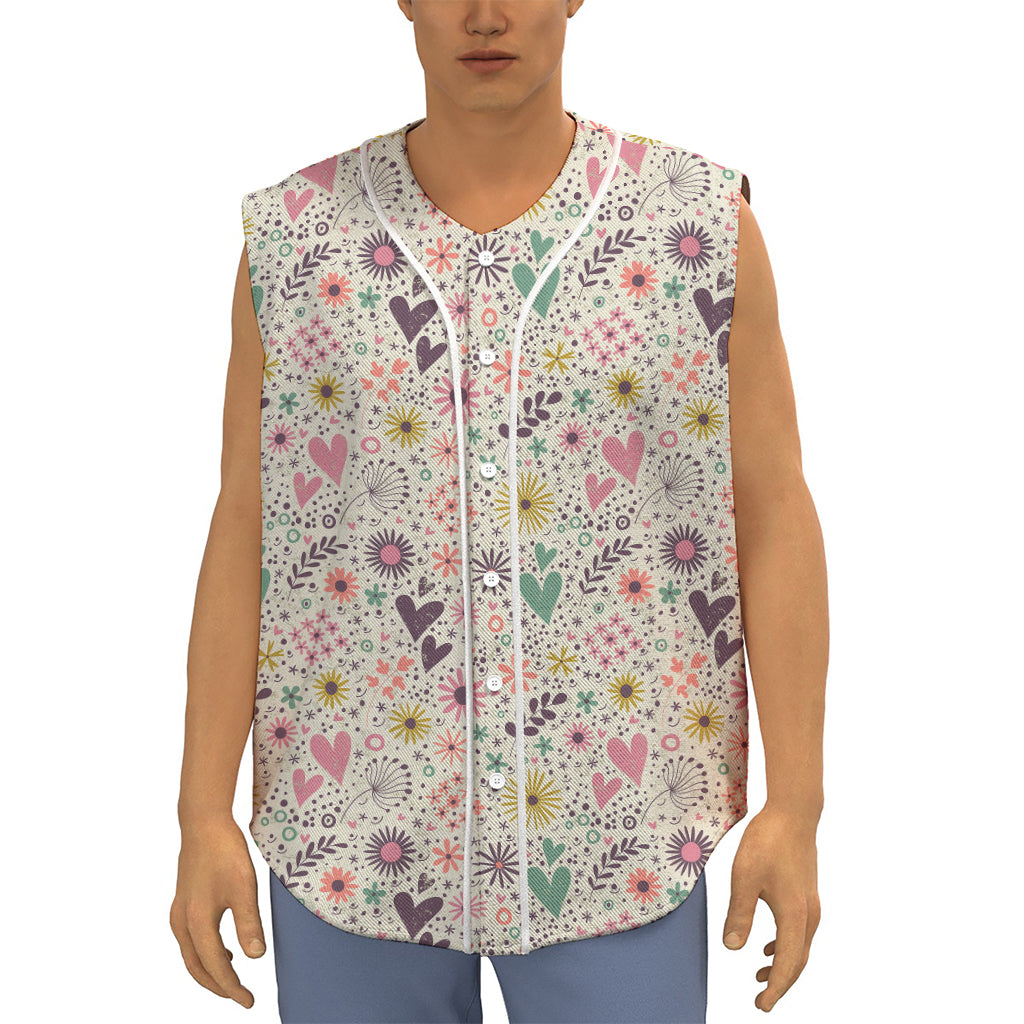 Girly Heart And Flower Pattern Print Sleeveless Baseball Jersey