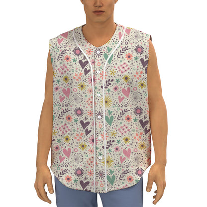 Girly Heart And Flower Pattern Print Sleeveless Baseball Jersey