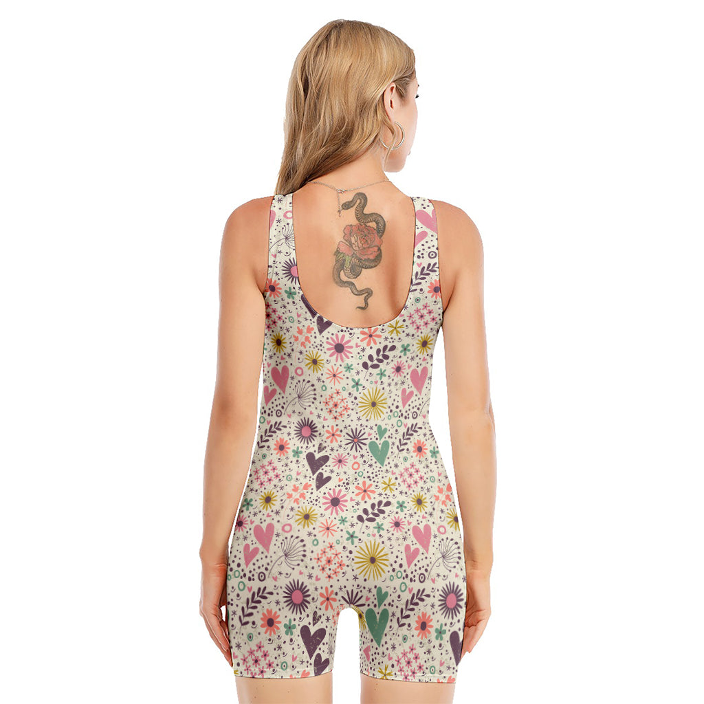 Girly Heart And Flower Pattern Print Sleeveless One Piece Swimsuit